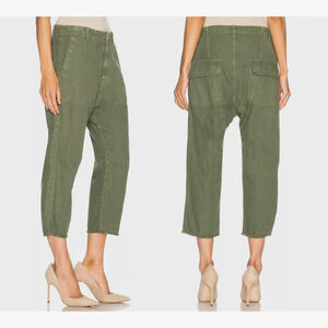 Nili Lotan 2 Slouchy $395 Linen Luna Pant Drop Crotch Crop Cotton Army Green